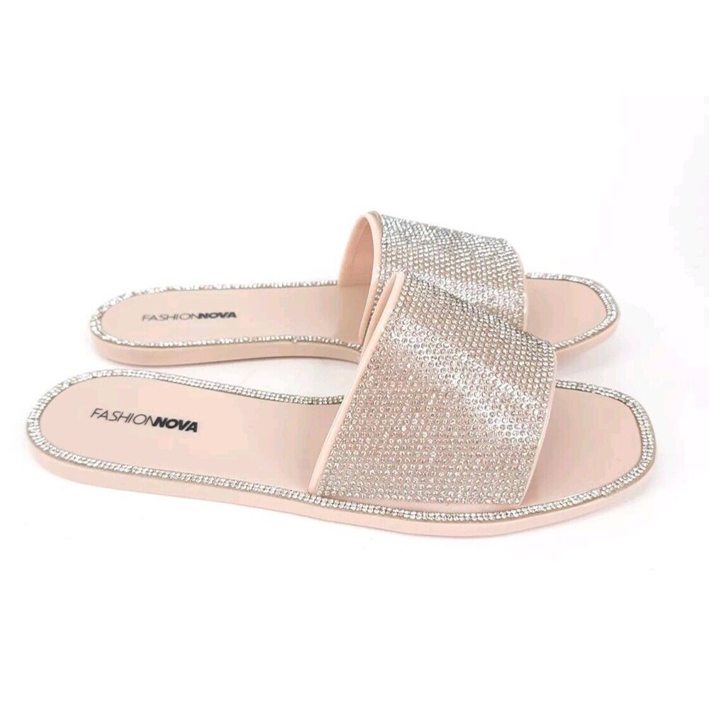 Fashion Nova Sandals Womens Size 10 Flats Slip On Silver Rhinestones Slides